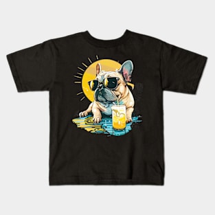 French Bulldog Clipart with Sunglasses Drinking Lemonade, Summer Vibes Kids T-Shirt